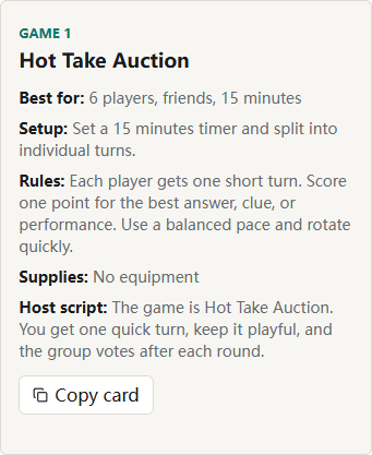 Copy button on a generated party game card