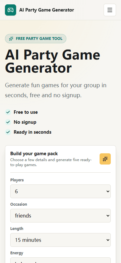 AI Party Game Generator displayed on a mobile phone viewport