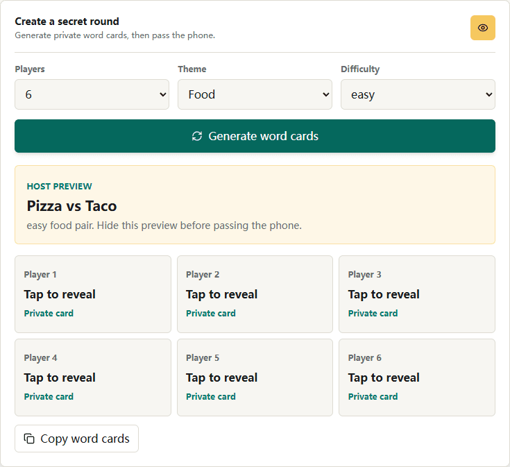 Imposter game generator showing player, theme, and difficulty controls